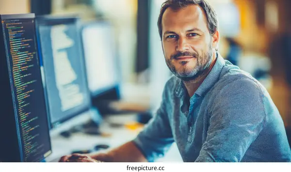 Focused Caucasian Male Programmer at Work