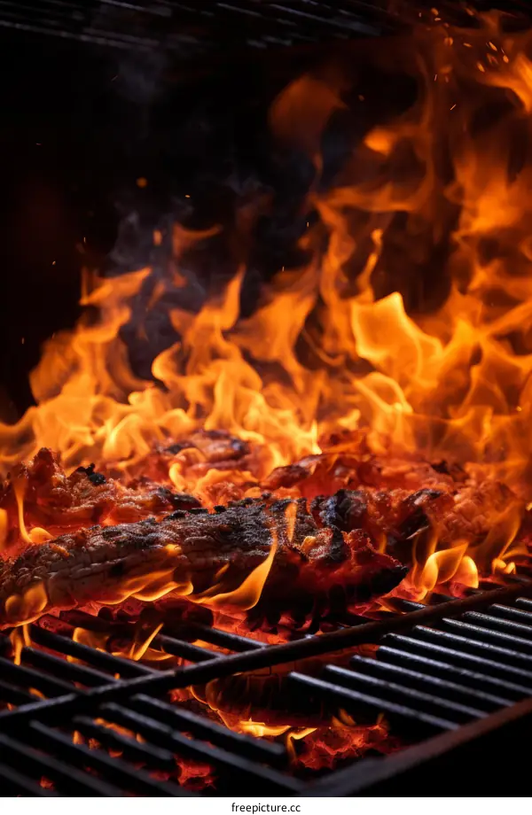 flames engulfing a steak on a grill
