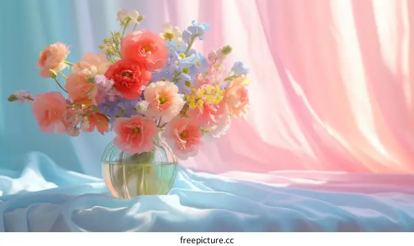 Vibrant Flower Bouquet in Glass Vase on Table with Pink and Blue Gradient Background