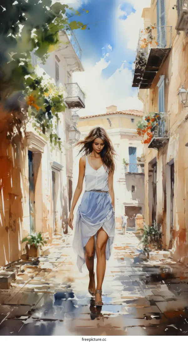 An elegant lady in a white dress walking down a narrow street with colorful buildings