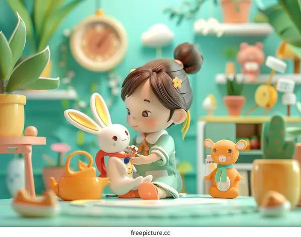 A girl playing with a rabbit and a mouse