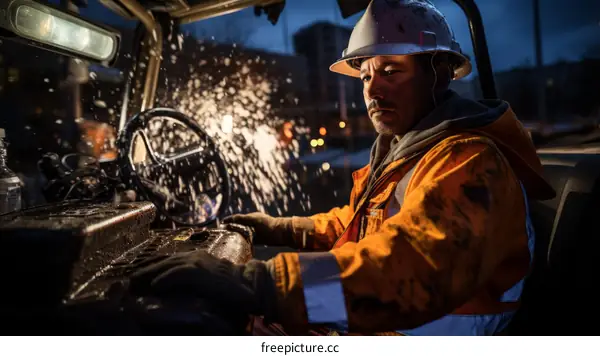 Construction worker in hard hat working on a project at night