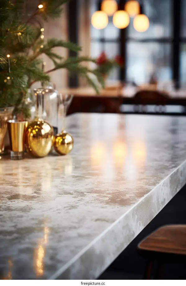 Festive bar counter close up with Christmas tree and gold bokeh