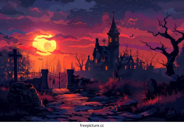 Illustration of a haunted house with a full moon in the background