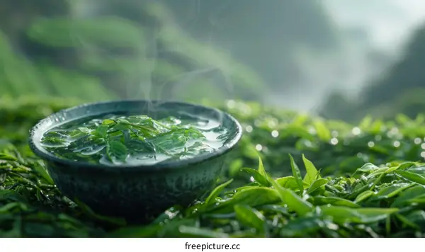Green tea leaves soaking in a bowl with background of green tea field