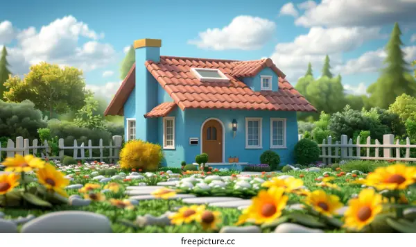 Small bungalow with a garden full of yellow flowers