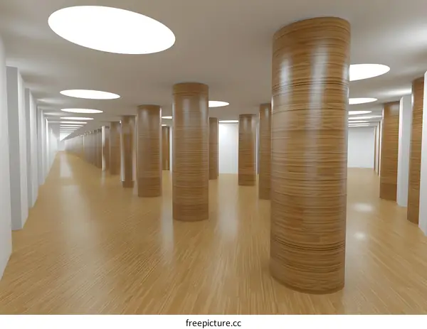 Modern Architecture Interior Design With Wooden Columns and White Walls