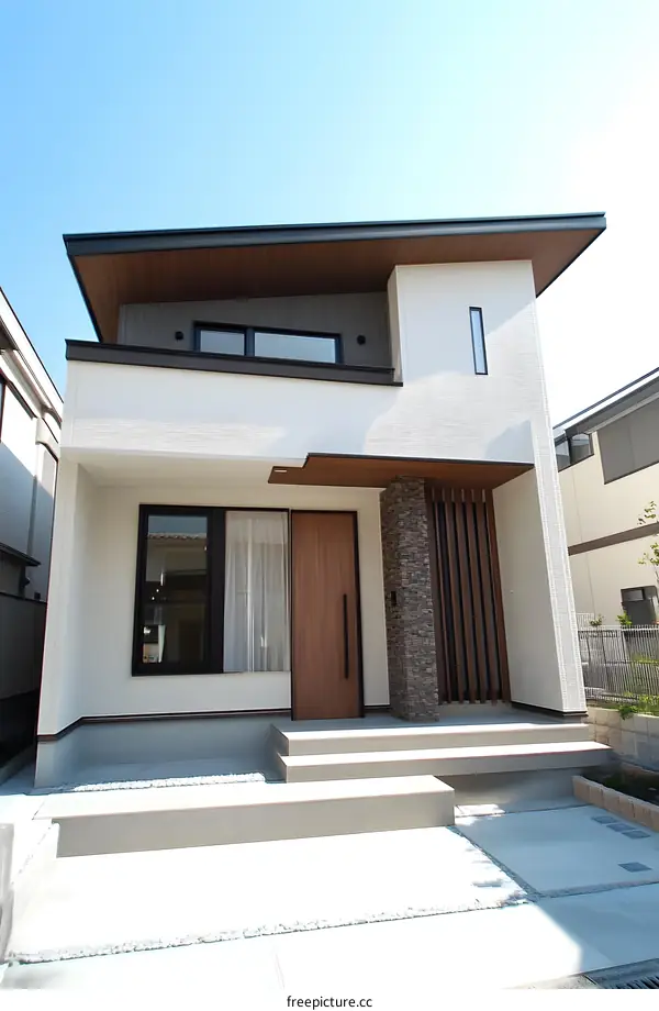 Modern White House with Wooden Door and Stone Facade
