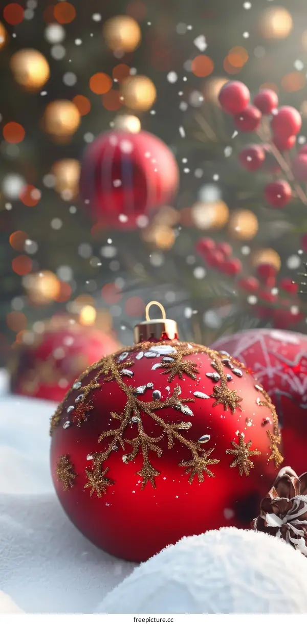 Red Christmas Bauble on Snow with Festive Background
