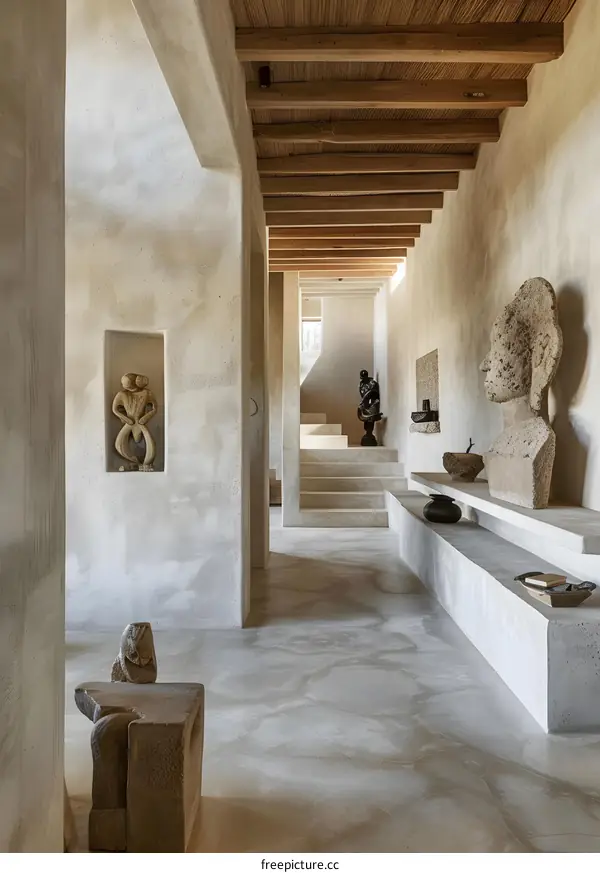 Modern Minimalist Interior Design with Stone Sculptures