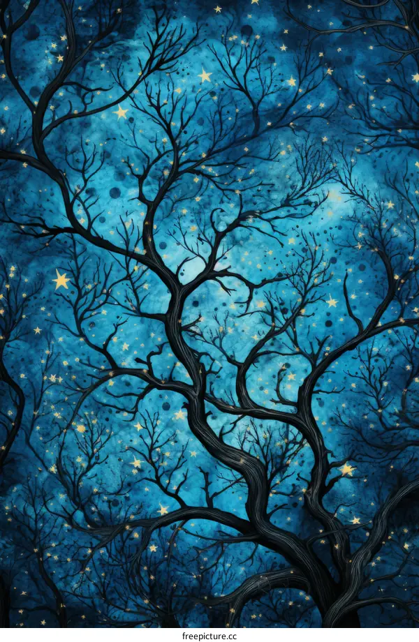 Blue and gold tree branches with stars
