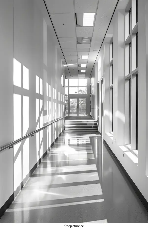 Modern Building Corridor with Panoramic Windows and Bright Lighting