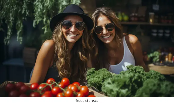Two young women at a farmers market