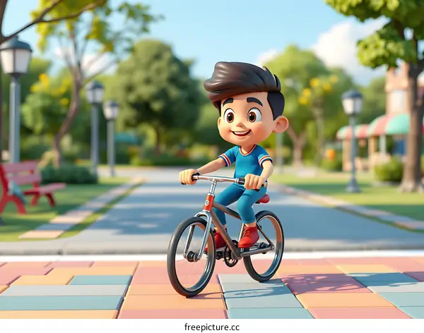Cartoon Boy Riding Bike In Park