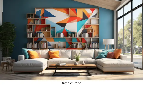Modern Living Room with Colorful Geometric Wall and White Sofa