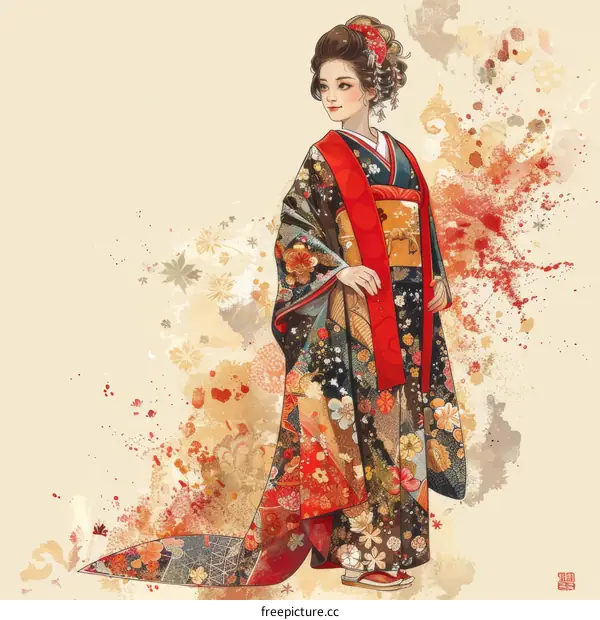 A woman wearing a kimono is standing in a field of彼岸花.