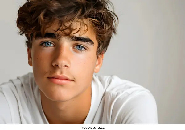 Portrait of a Teenage Boy with Blue Eyes and Brown Hair