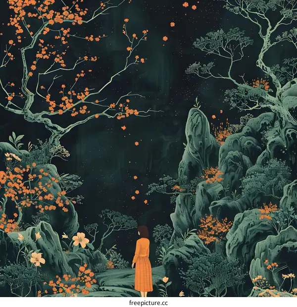 Woman in Orange Dress in a Mystical Forest
