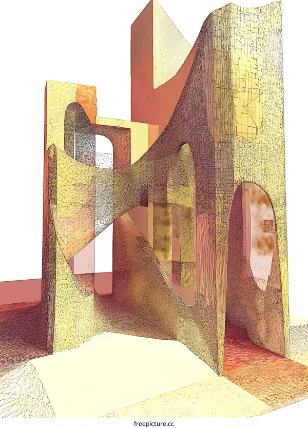 Abstract Architecture Illustration with Interlocking Shapes and Geometric Patterns