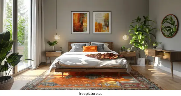 Modern Bedroom with Comfortable Bed, Rug, and Paintings