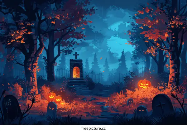 Spooky Forest Graveyard with Pumpkins and Tombstones