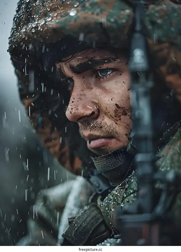 Portrait of a young soldier in the rain