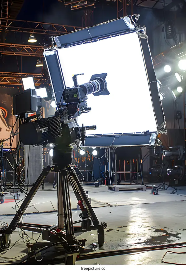 Professional Video Camera on Tripod with Lights and White Screen