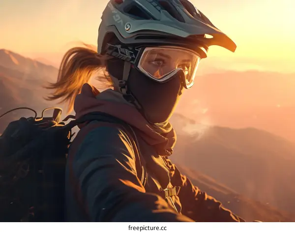 portrait of a female cyclist wearing a helmet and goggles while riding her bike up a mountain