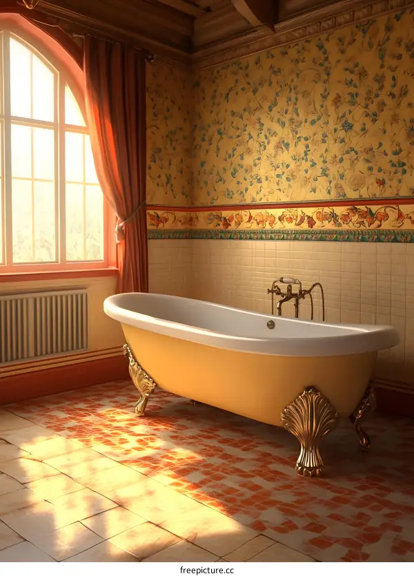 Yellow Bathtub With Gold Feet in Vintage Bathroom