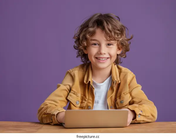 Portrait of a smiling young boy using a laptop computer