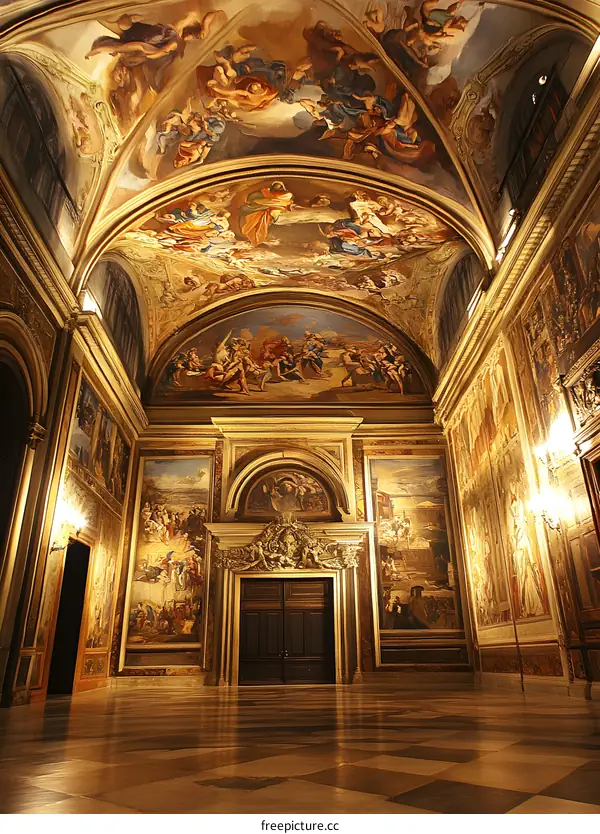 Interior of a Renaissance Palace Hall with Frescoed Ceiling