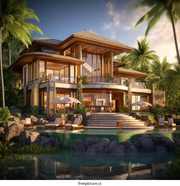 A luxurious house with a pool and palm trees