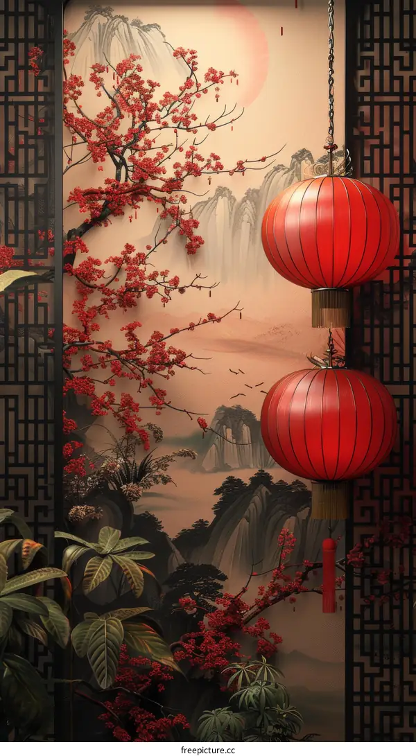 Chinese Style Interior Decor with Red Lanterns and Cherry Blossoms
