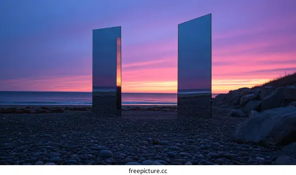 Reflective Art Installation on the Beach at Sunrise