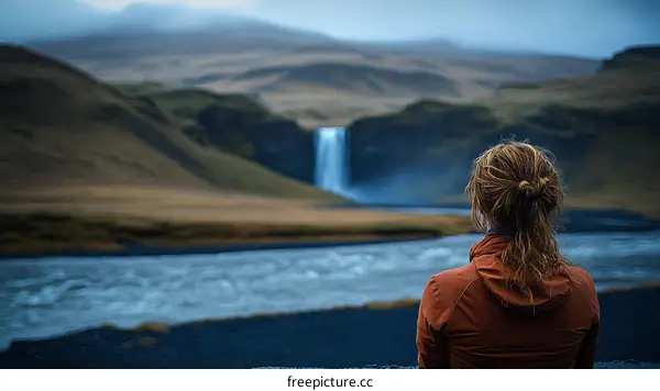 Woman Contemplating a Waterfall in Iceland