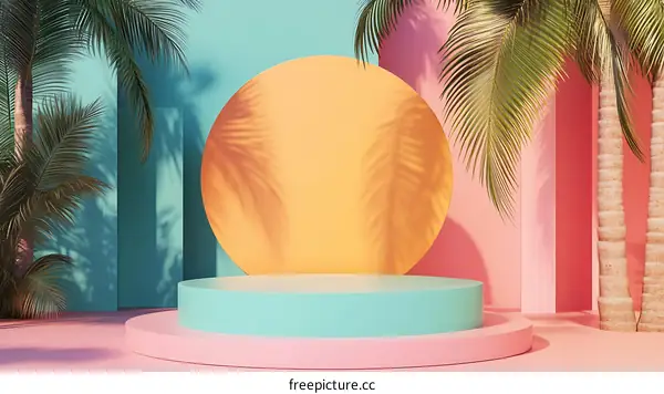 Summer Tropical Minimalist Background with Palm Trees and Circle