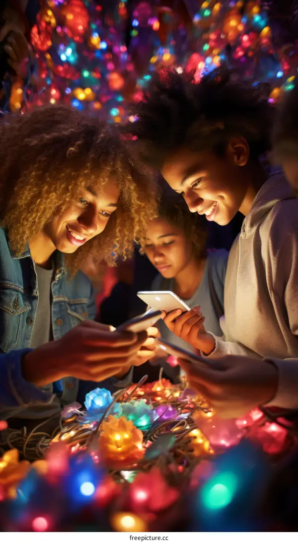 Three young women looking at their phones in a dimly lit room