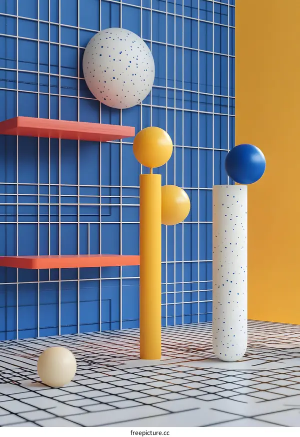 Abstract 3D Rendered Geometric Shapes With Blue Yellow And White Colors