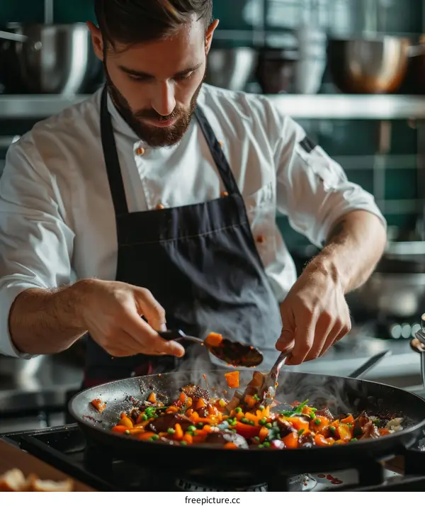 male chef cooking in a restaurant kitchen