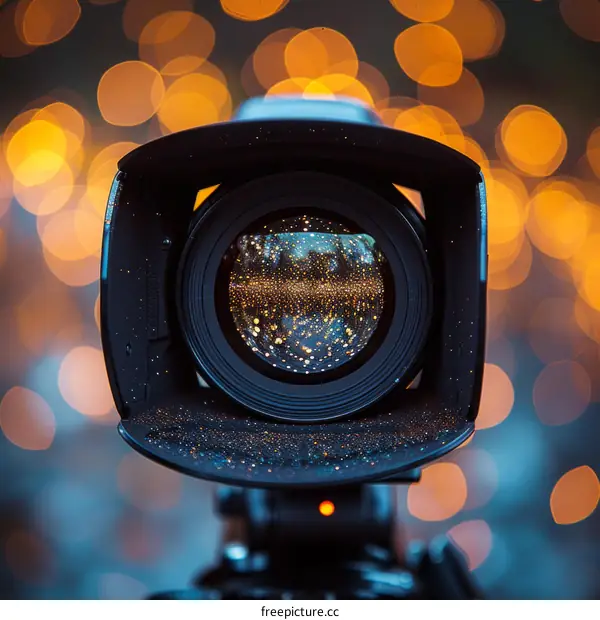 Black camera lens with golden blurred background