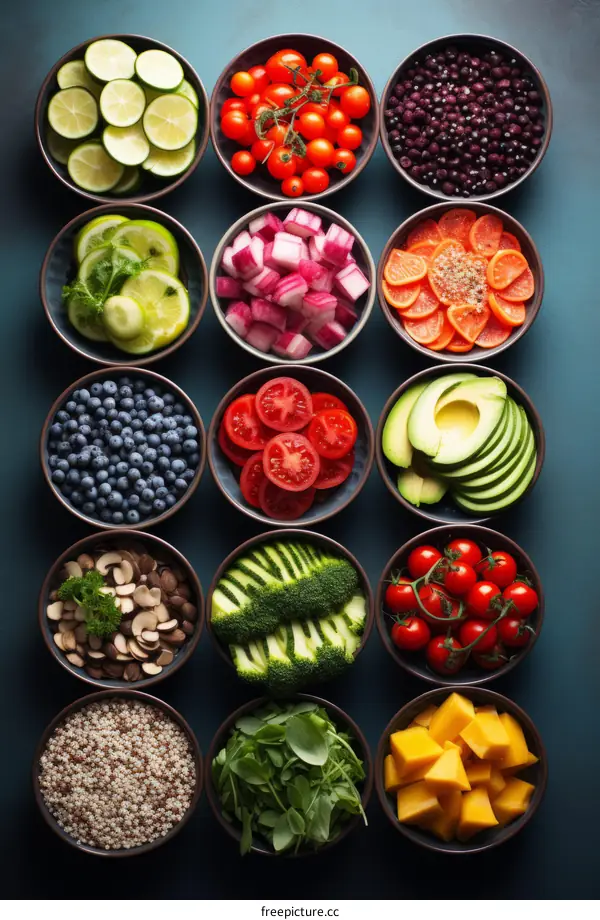 An assortment of healthy food ingredients in bowls