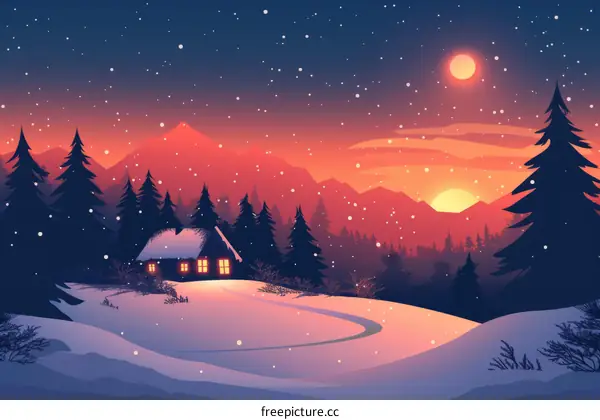 Snowy Mountain Cabin at Sunset