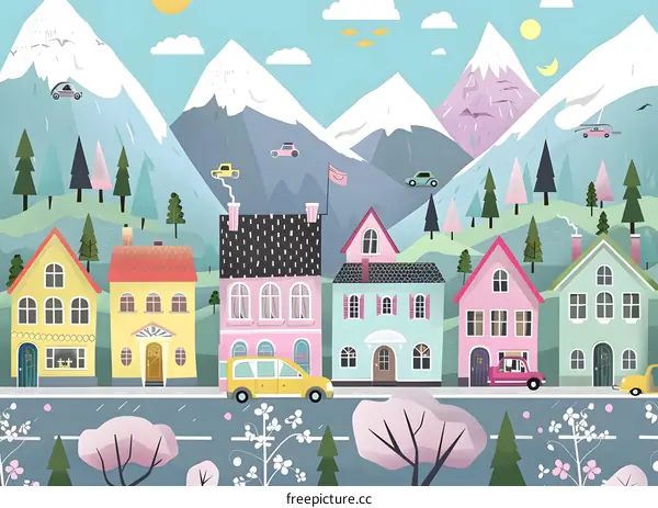 Cute Cartoon Colorful Town Landscape With Mountains And Houses