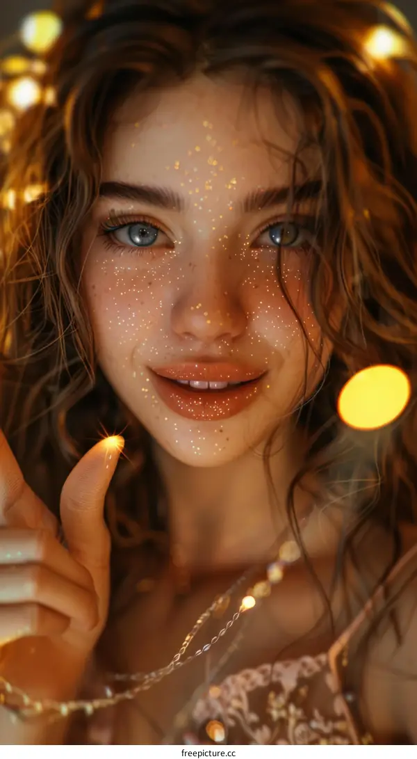 Beautiful Woman with Sparkling Makeup and Lights
