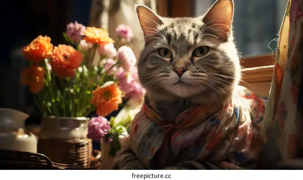 Cute Cat Wearing a Scarf Sits by a Vase of Flowers