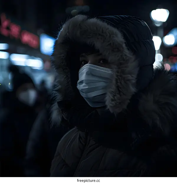 Woman Wearing a Face Mask in a City at Night
