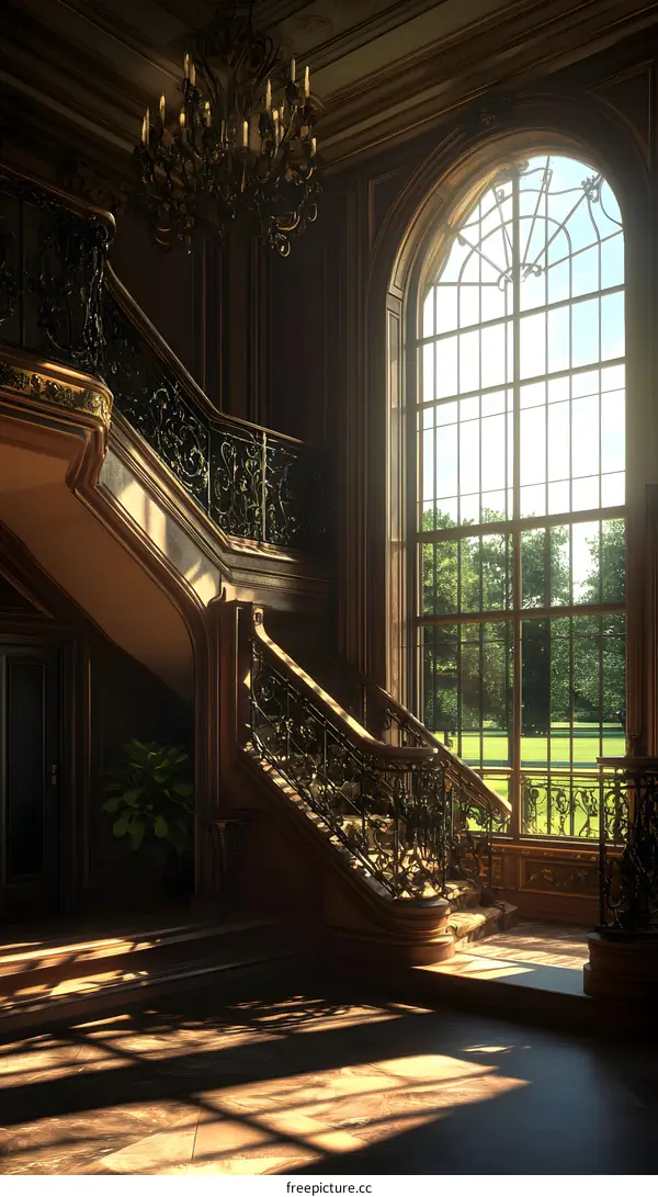 Luxury Mansion Interior With Wooden Staircase and Large Window
