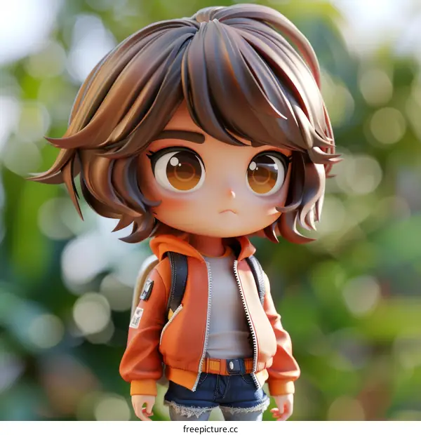 Little Girl with Big Eyes in Orange Jacket and Blue Jeans