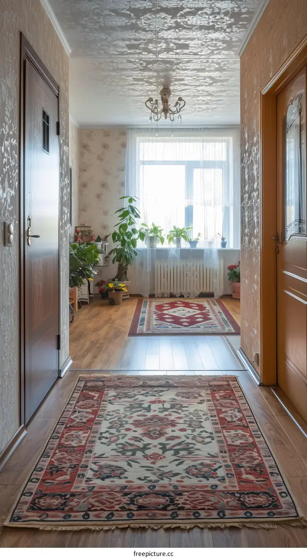 Soviet apartment interior with a long corridor and two rooms