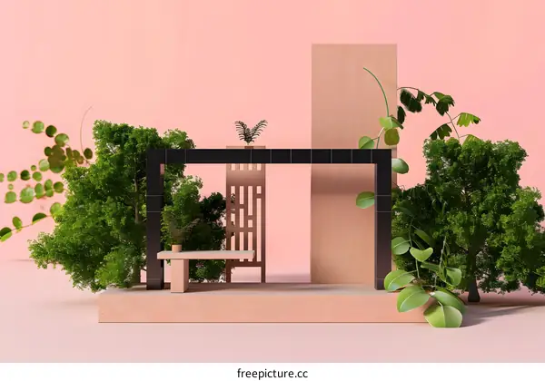 Minimalist 3D Render of Pink and Wooden Background